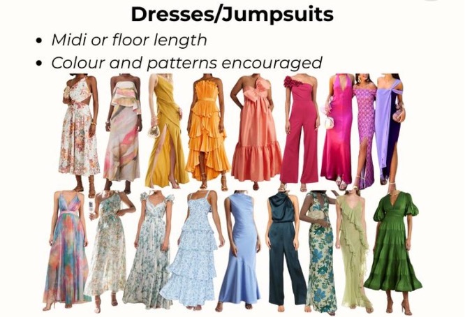 Ejemplos de vestidos y jumpsuits en colores y estampados